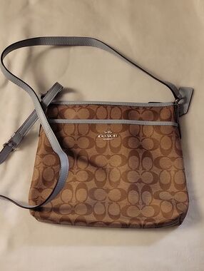 Coach Brown Signature Canvas Crossbody with Light Blue Trim